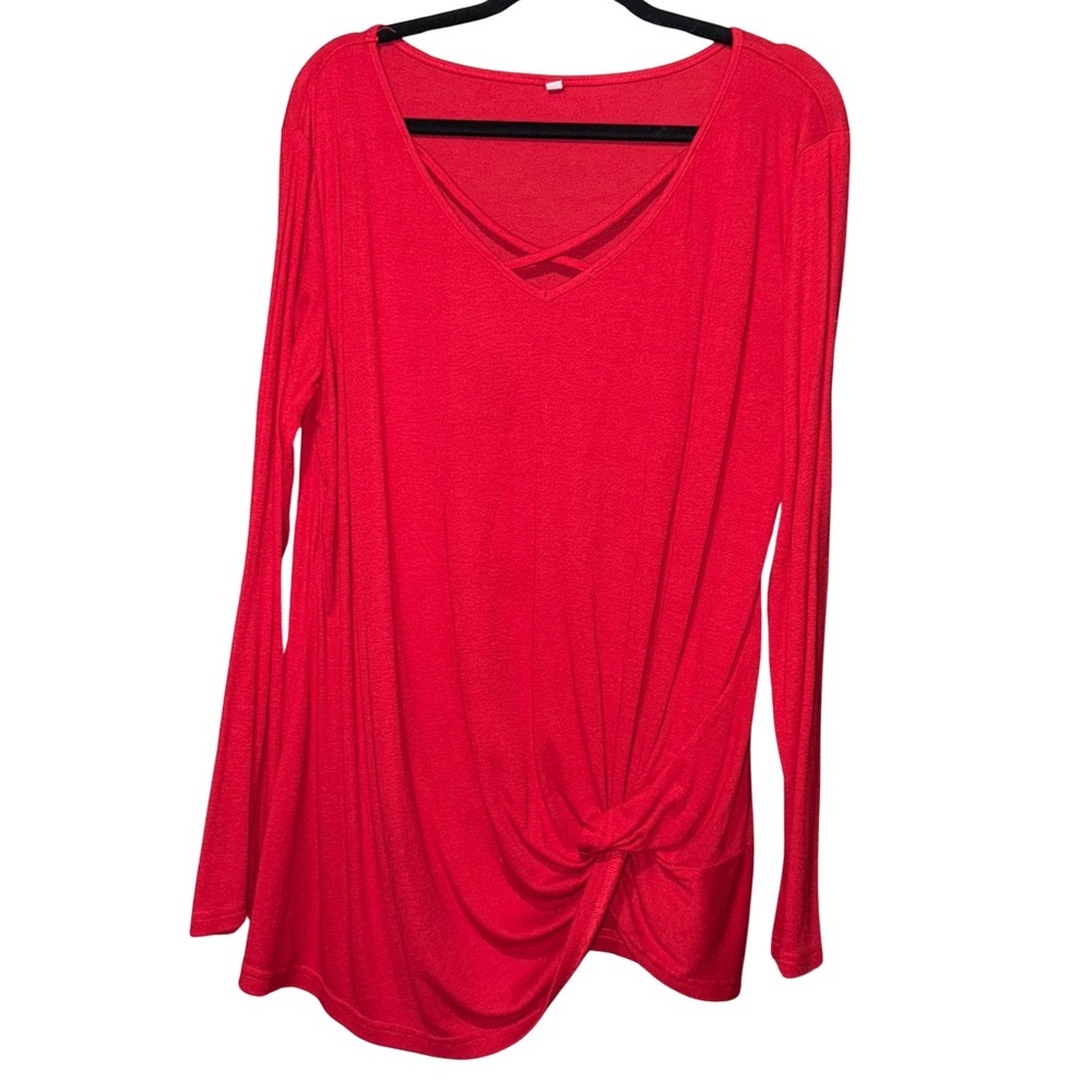 Red Relaxed Knotted Front Tunic with Crisscrossed Embellishment Neck